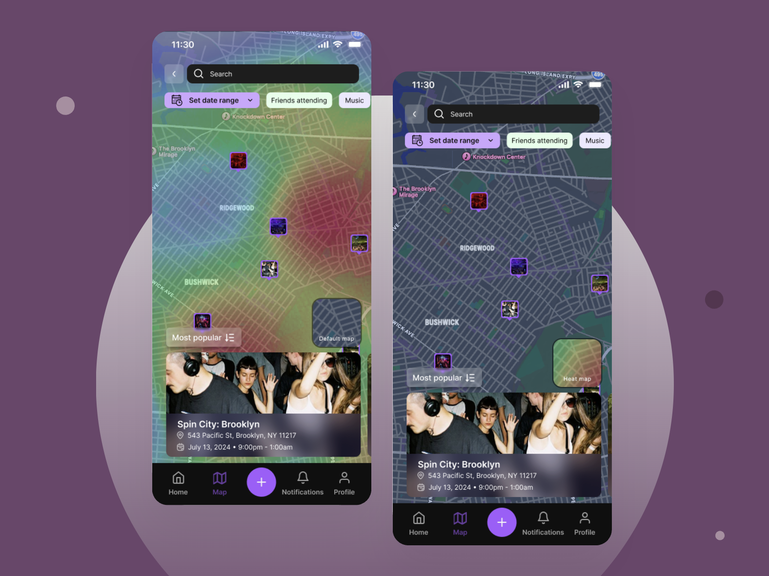 Two states of the Gather map: standard pin view on the left, heatmap overlay on the right