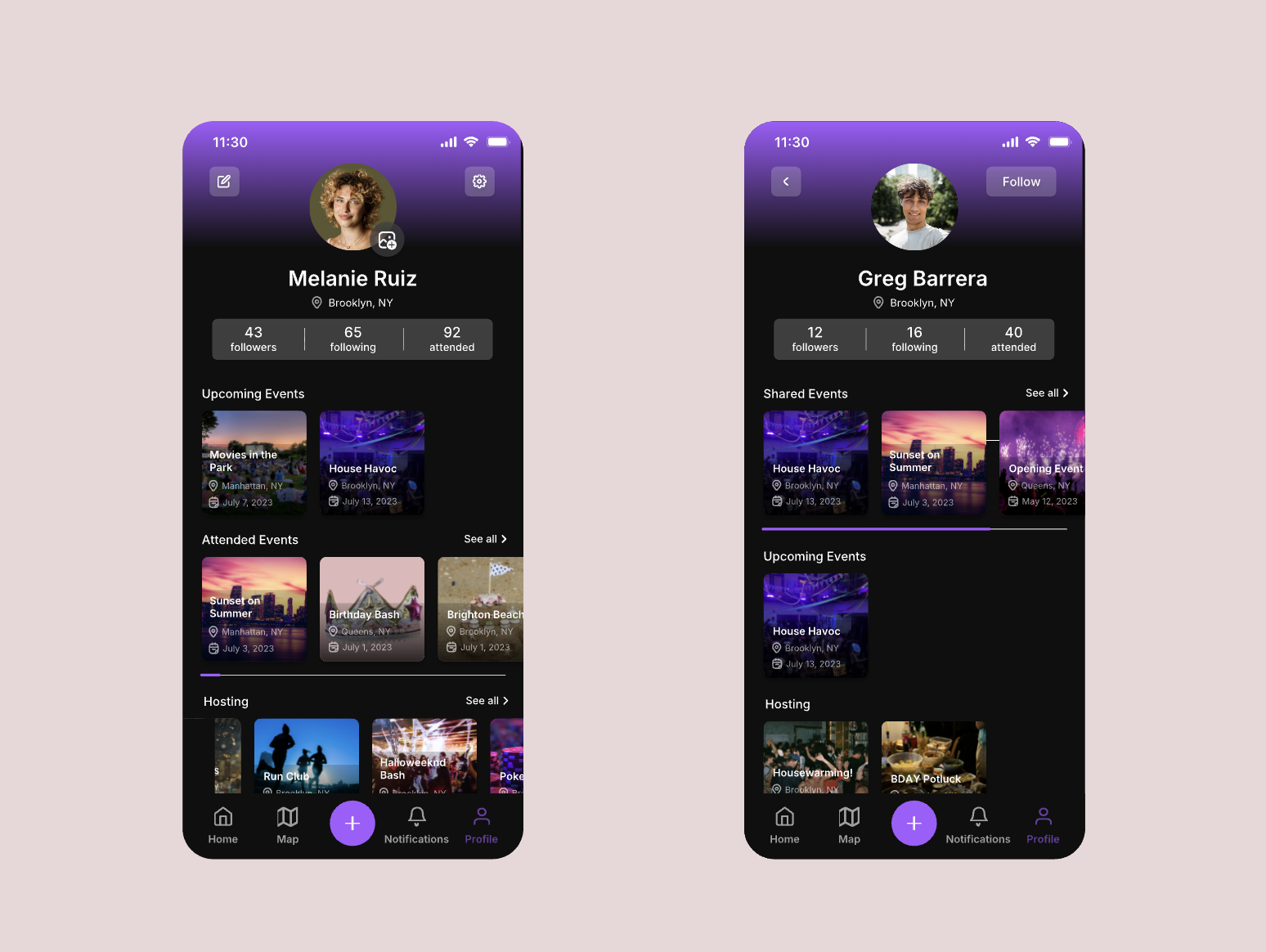 Side by side comparison of personal profile view and others profile view in the Gather app